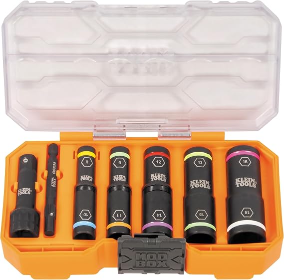 Klein Tools 65619 KNECT Flip-10 M Impact Set, Deep, 5 Color-Coded Flip Sockets, 10 Sizes, 1/4 and 3/8-Inch Adapters, MODbox Case