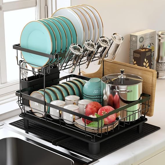 MAJALiS Large 2 Tier Dish Drainer Rack with Drip Tray for Kitchen, Black