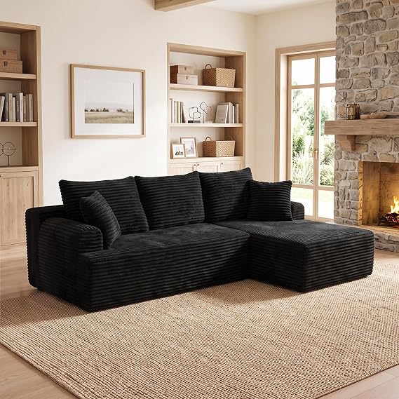 L Shaped Sectional Sofa, Corduroy Corner Sofa with Chaise Lounge