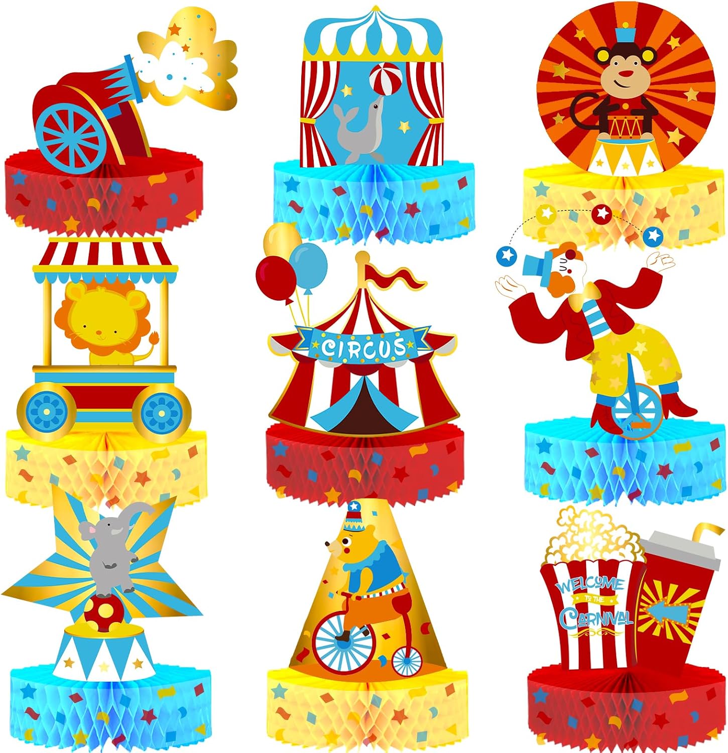 NICROLANDEE Carnival Party Decorations - 9PCS Circus Animals Honeycomb Centerpieces Table Decorations with Plastic Straps for Carnival Theme Birthday Party, Circus Baby Shower Favors Supplies