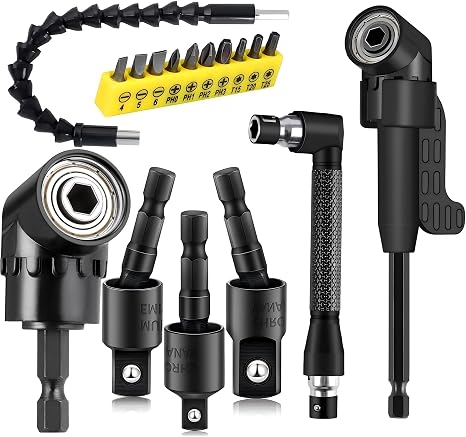 17Piece Flexible Drill Bit Extension, Include 3Pcs Rotatable Socket Adapter 2Pcs Hex Shank 105° Right Angle drill Attachment 10 Short Screwdriver bits 90° Angled Bits and Bendable Drill Bit Extension