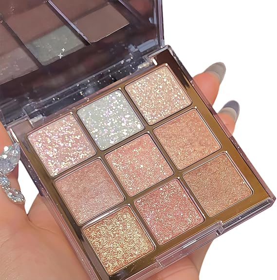 Glitter Eyeshadow Palette, Shimmer Glitter Eyeshadow For Women, 9-Color Eyeshadows Palette With Gold/White/Pink, Highly Pigmented Eye Makeup Palettes For Women, Party & Evening Looks