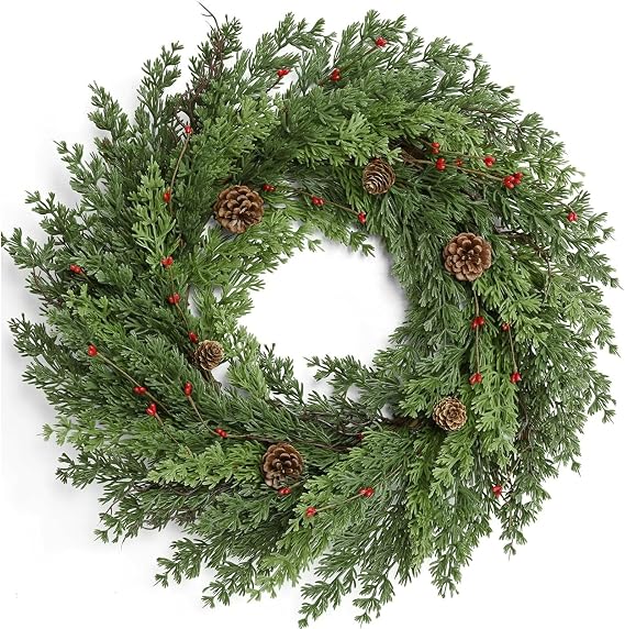 24 Inch Christmas Wreath - Real Touch Cedar & Artificial Green Pine for Front Door, Windows, Indoor & Outdoor Holiday Xmas Decoration (24in)