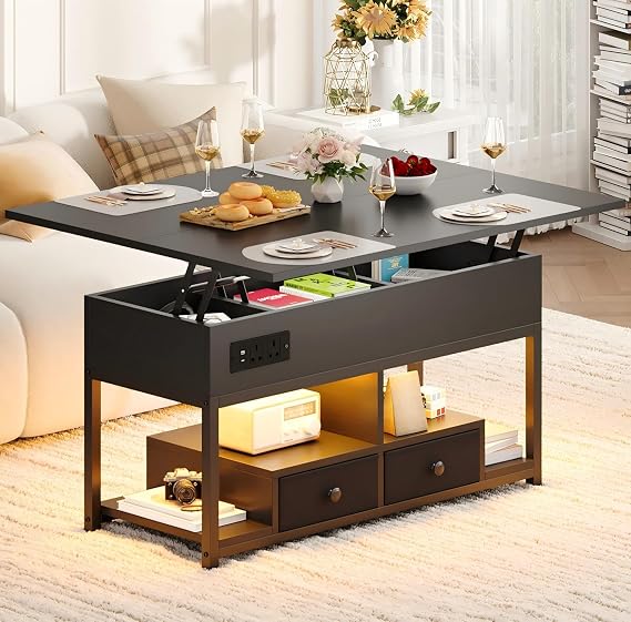IRONCK Lift Top Coffee Table, Living Room Table with LED Lights, USB and Type-C Ports, Wooden Tea Table with Hidden Storage and 2 Drawers, Convertible Centre Table, 100×80cm, Black