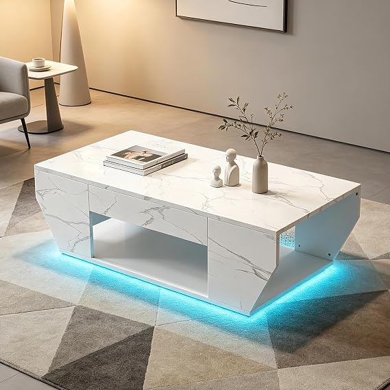 White Coffee Table with Storage Drawer, High Gloss Modern Living Room Table