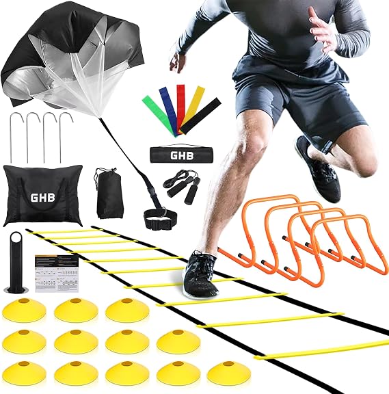 GHB Agility Ladder, Football Training Equipment Set, 4 Agility Hurdles, 20 Feet 12 Step Speed Ladder, 12 Disc Cones, Resistance Parachute, Jump Rope, 5 Resistance Bands for Workout