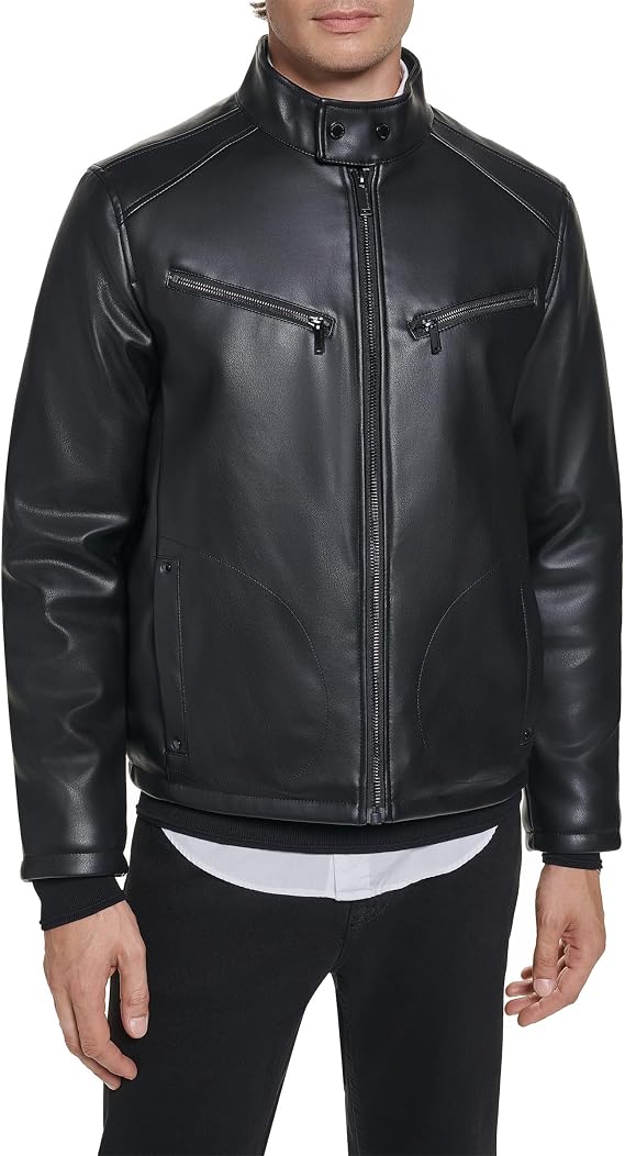 Karl Lagerfeld Paris Men's Faux Leather Jacket With Stand Collar