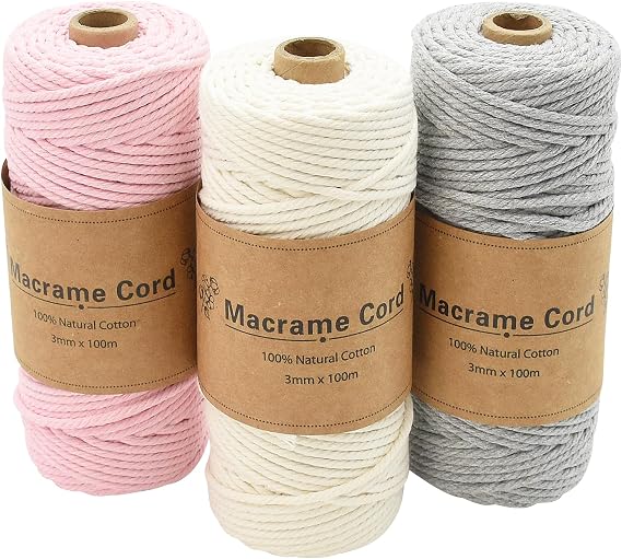 Macrame Thread 3 mm, 3 x 100 m Macrame Yarn, Macrame Rope, Macrame Cotton Cord, Macrame Threads for Tapestries Crafts Curtains DIY Home Decoration (4. Light Grey)