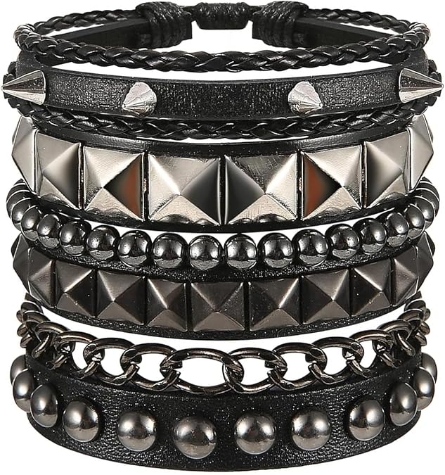 Set of 4 Punk Rivet Bracelet Set Black Leather Bracelet Gothic Bangle with Rivets Adjustable Rock Bracelets Cuff for Men Women Halloween Concert Party Cosplay