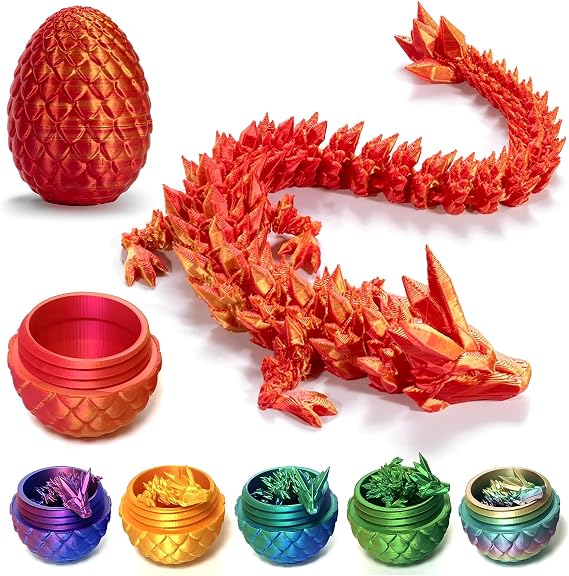 3D Printed Dragon Egg Fidget Toys Mystery Crystal 3D Printed Animals Articulated Dragon Easter Eggs Gifts Home Desk Decor (Red.A)