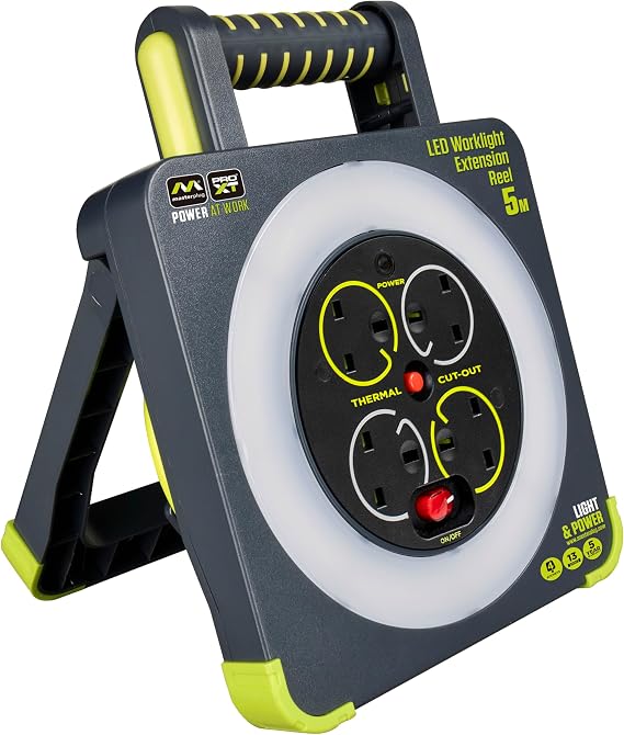 Masterplug WLU05134SL-PX Pro-XT Four Socket LED Work Light Extension Reel with Fold Out Stand, Thermal Cut Out and Power Switch, 5 metre High Visibility Cable, 13 Amp, Grey, 28.35 cm*9.1 cm*22.0 cm
