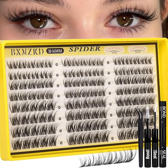 Spider Cluster Lashes Kit Natural Fluffy Lashes Individual Cluster Kit 10-16MM D Curly Wispy Breeze Lash Clusters with Invisible Clear Band Spider Fluff Individual Lashes for DIY Lash Beginners
