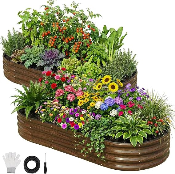 SnugNiture Large Oval Raised Garden Bed,Outdoor,Brown,2Pcs-180x90x30cm
