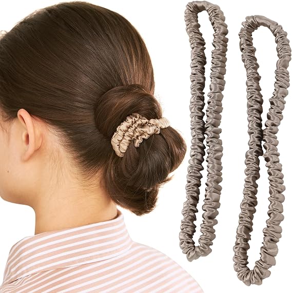 Long Hair Elastic Scrunchies, 100% Silk, Hair Elastic, Gentle on Hair and Damage Relief, Set of 2, Adults, Stylish Long Khaki
