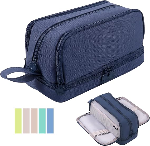 Large Capacity Pencil Case, Pencil Pouch with Sticky Note and 4 Compartments Multifunctional Stationery Organizer for Girls Boys, Office Makeup Bag Portable Pen Bag for Students Women Men (Blue)