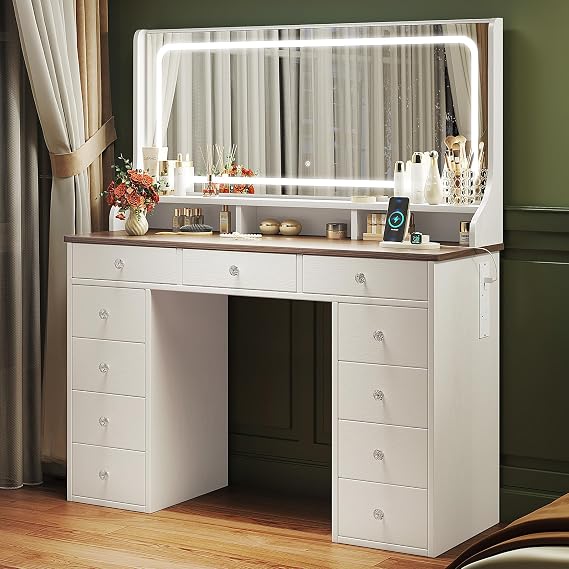 Dripex Dressing Table with Large Mirror, Vanity Desk with 11 Drawers, Beige