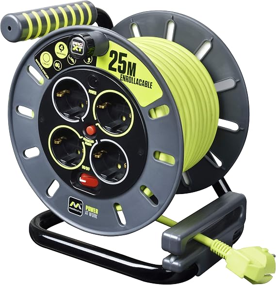 Masterplug Pro-XT Four Outlet Open Cable Reel Reel with Winding Handle, Thermal Switch and Power Switch, 25m High Visibility Cable