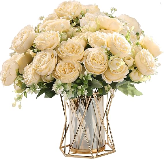 HNVNER 2 Bunches Fake Peonies Artificial Flowers, Silk Peony Bouquet for Home Wedding Party Decoration, Champagne