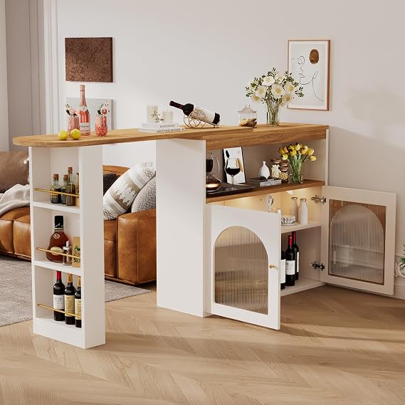 Breakfast Bar Table with Storage, Extendable Dining Table 360° Swivel with Adjustable 1m LED Strip Light, Bar Table with Shelves and Cabinet for Dining Room, White
