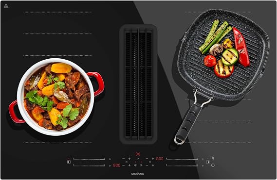 Cecotec Induction Hob 2 Burners with Integrated Extractor Bolero Squad IH 4800 FullFlex80. Max Power 7400W, 15 Levels, Booster, Low Consumption, Timer, Touch Control, Carbon Filters [Energy Class A]