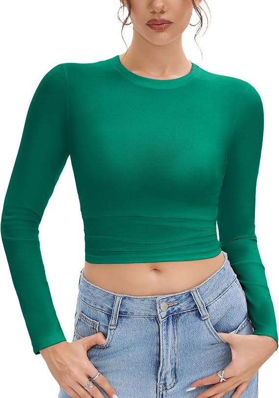DGRPI Womens Cotton Basic T-Shirts Long Sleeve Crew Neck Y2K Cute Crop Tops Baby Tee
