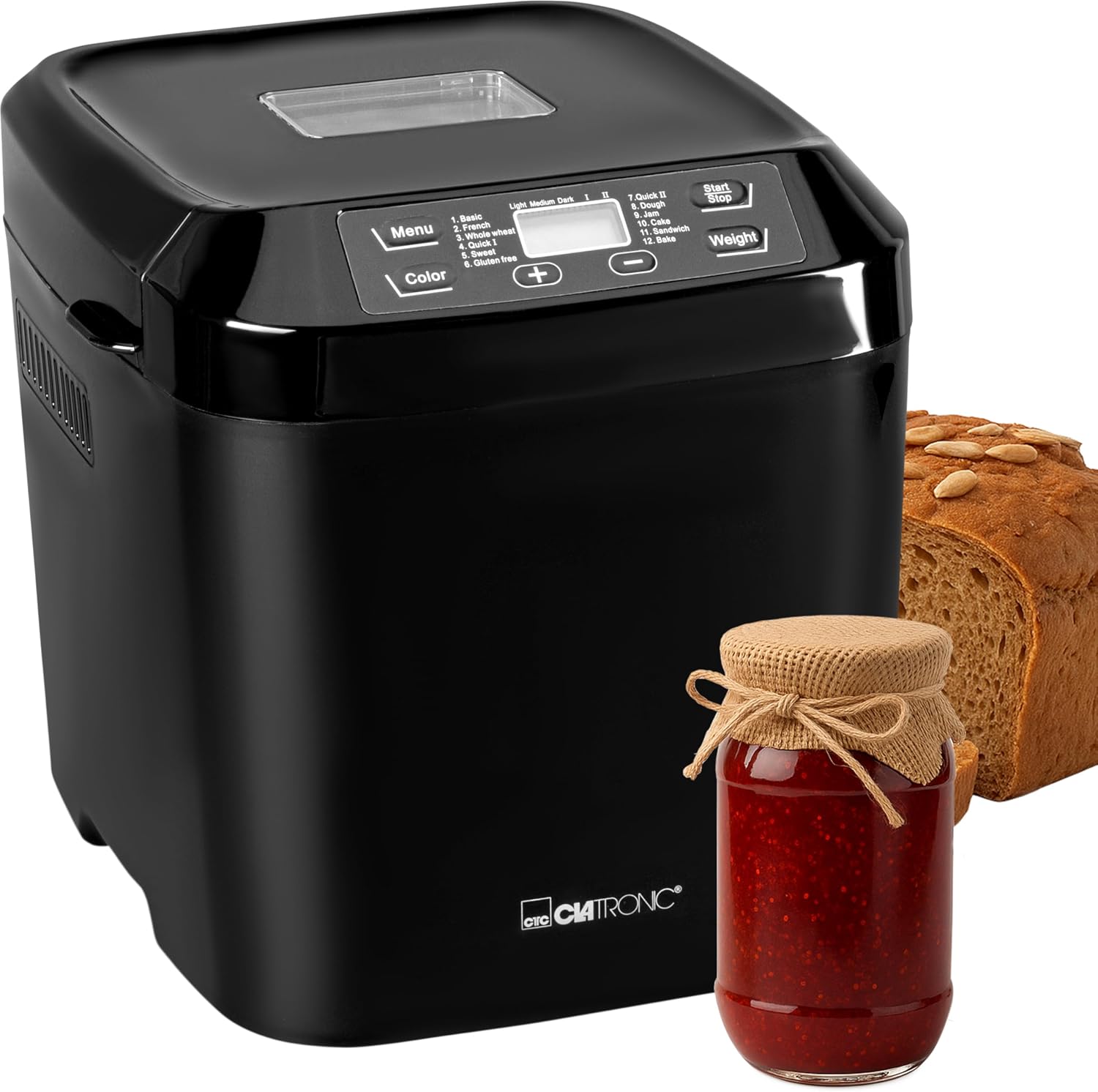 Clatronic ® Bread Maker - Bake Fresh Bread at Home Automatic Preparation & Warming Function Baking Machine with Timer Easy Operation via Display 12 Baking Programs BBA 3774
