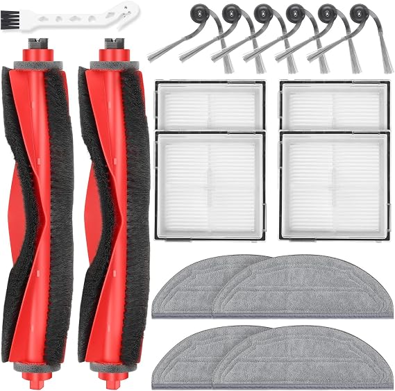 17 Pack Replacement Accessories Kit Compatible with Roborock Q10 S5/Q10 S5+/Q10 X5/Q10 X5+ Robot Vacuum, 2 Main Brush, 6 Side Brush, 4 HEPA Filter, 4 Mop Pads