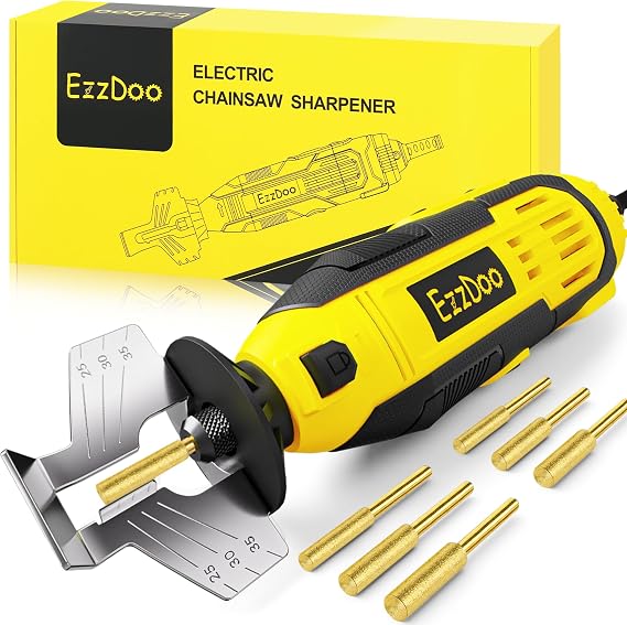 EzzDoo Electric Chainsaw Sharpener Kit with Titanium-Coated Diamond Bits - High-Speed Chain Saw Sharpener Tool and 6 High Hardness Sharpening Wheels for All Chainsaw Chains.