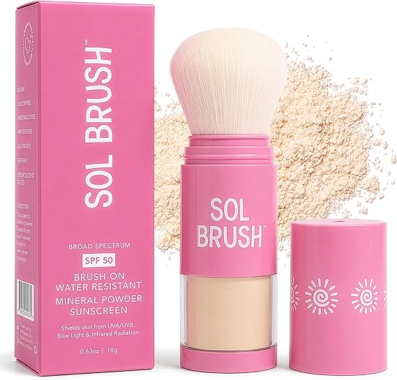 SPF 50 Mineral Sunscreen Powder, Broad Spectrum UVA/UVB Protection Sunscreen, Mess Free Brush On Applicator, Clean & Cruelty Free, Water Resistant (80 Minutes), Pink, Fair