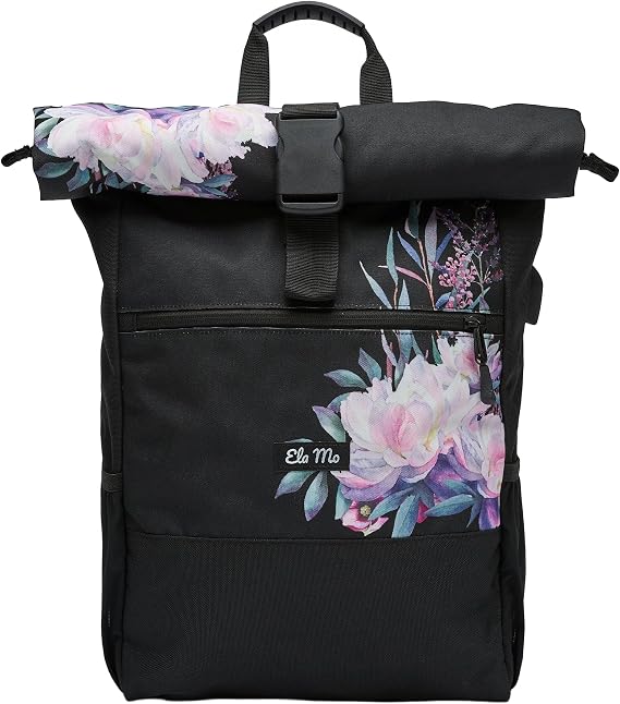 Ela Mo® Women's Rolltop Backpack - Anti-Theft Rolling Backpack for Sports & Travel - Laptop Backpack for School University Business - with USB Connection and Compact Bottle Holder - Beauty in