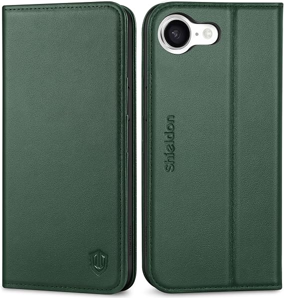 SHIELDON Wallet Case for iPhone 17e/iPhone 16e, Genuine Leather, Evergreen