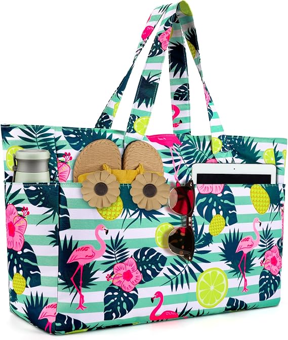 ISEYOU Extra Large Beach Bag, Waterproof Beach Bags with Zip, Lightweight Foldable Beach Tote Bags, Large Capacity Multi-Pocket Beach Bags for Women, Perfect for Pool Shopping Travel Vacation Gym