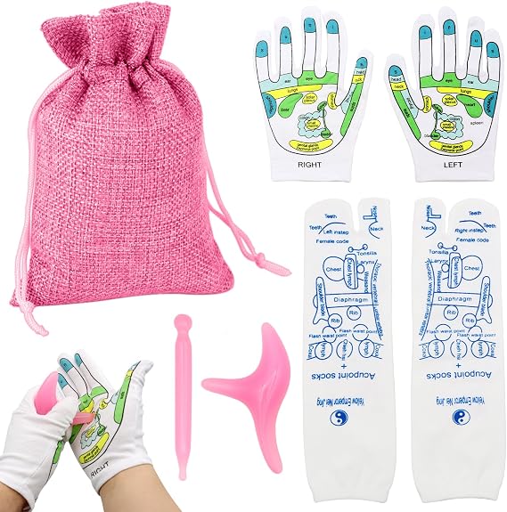 VEGCOO Reflexology Socks Gloves, Foot Massage Socks Acupressure Socks with Tools, Marked Acupoint Massage Socks & Gloves Set for Tired Relieve (Women,Size 34-39) (Pink)