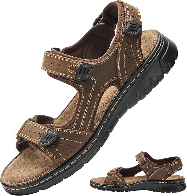 Wide Fit Mens Sandals, Real Leather Walking Sandals for Men, Open Toed Sports Outdoor Sandal with Adjustable Strap for Summer, Holidays, Beach, Hiking, Boating, Towns