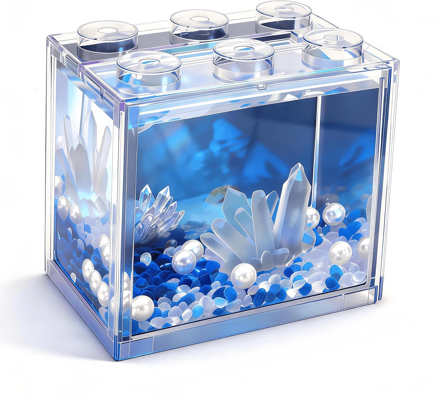 Mini Sea Monkey Tank, Small Betta Fish Aquarium Kit with Gravel & Background Resin Decor, 0.6 Gallon Stackable Tabletop Fish Bowl Accessories for Shrimp Seaweed Ball Clear