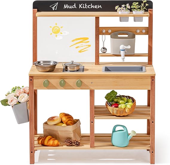 ROBOTIME Mud Kitchen Kids Outdoor Wooden Kitchen Playset Water Sink Storage Faucet Flower Pot Cooking Accessories Gift for Boys & Girls Educational Outdoor Toys for Ages 3+