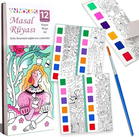 Animokids Renk Paletli Sulu Boya Kitabı + Fırça, 12 Sayfa Boyama Kitabı, Aktivite Boyama Seti, Çocuklar için Yeni Nesil Sulu Boya Defteri (Masal Rüyası)