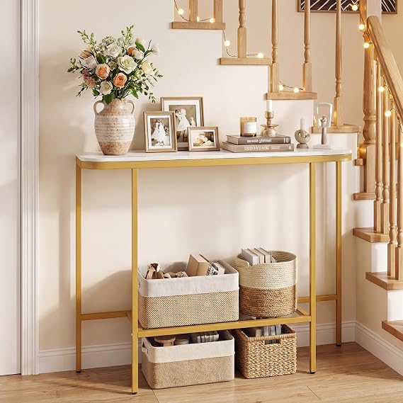 COSTWAY Console Table, Modern Faux Marble Slim Entryway Table Hall Desk, 110cm Long Metal Frame Narrow Behind Couch Side Accent Sofa Tables for Hallway, Foyer and Living Room (White+Gold)