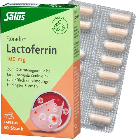 Salus Floradix Lactoferrin 100 mg - 1 x 30 Capsules (9.7 g) - for Diet Management in Diagnosed Iron Deficiency Anemia Including Inflammation-Related Forms - Vegetarian
