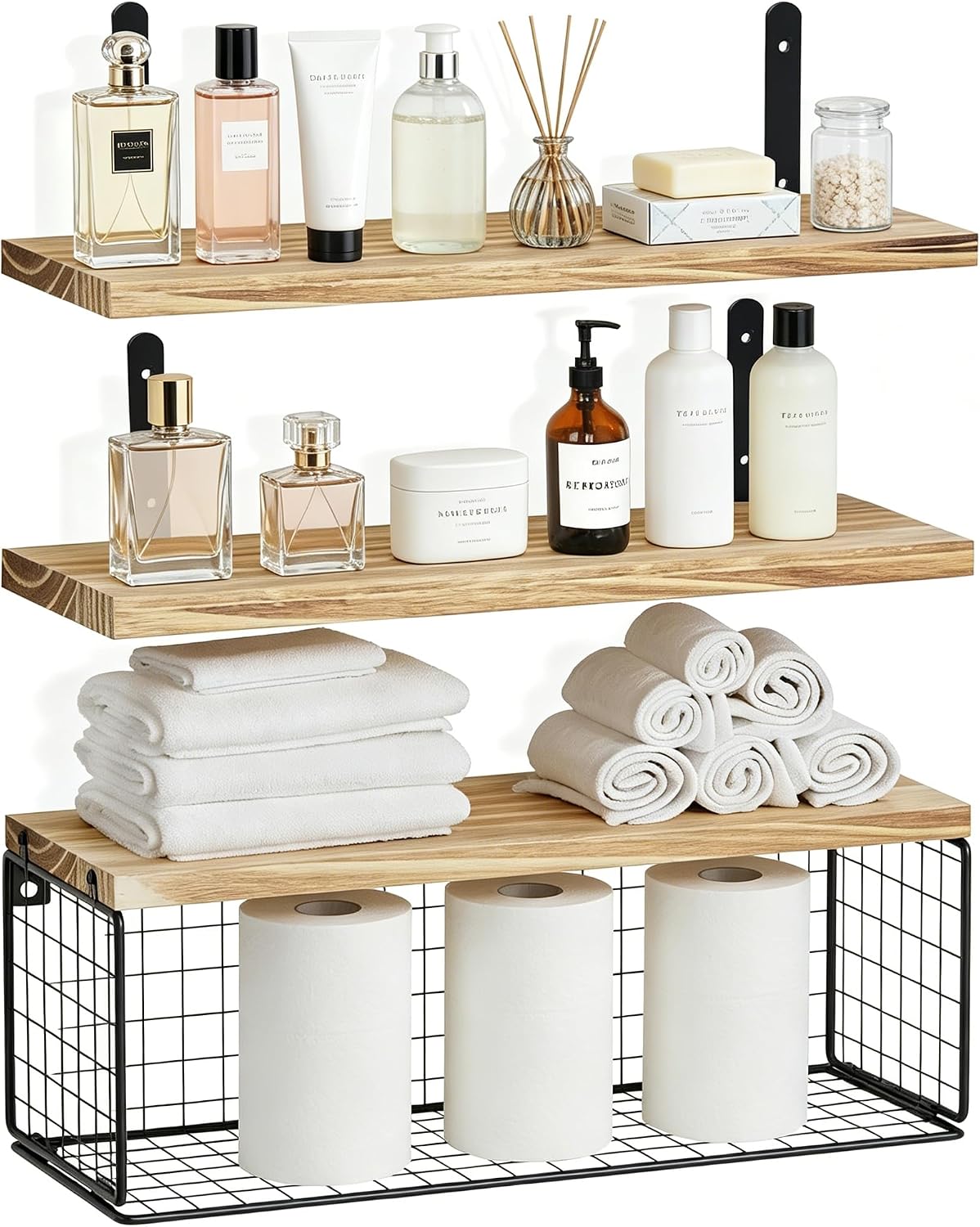 Floating Shelves with Wire Strorage Basket, Bathroom Shelves Over Toilet, Kitchen Shelves for Wall, Wall Shelves Decor for Living Room, Bathroom, Bedroom, Office
