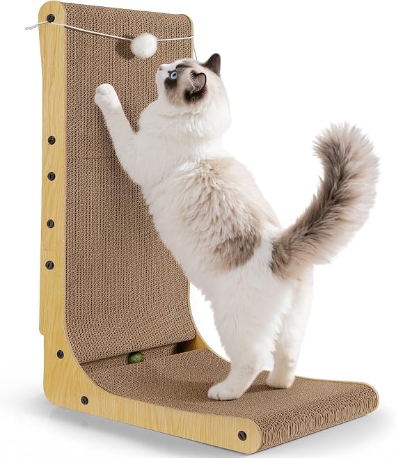 Gimars Thickened L Shape 68cm Cardboard Cat Scratcher with Mint Ball, Large Cat Scratching Board Wall Mounted, Cat Scratch Pad Toys for Protecting Furniture
