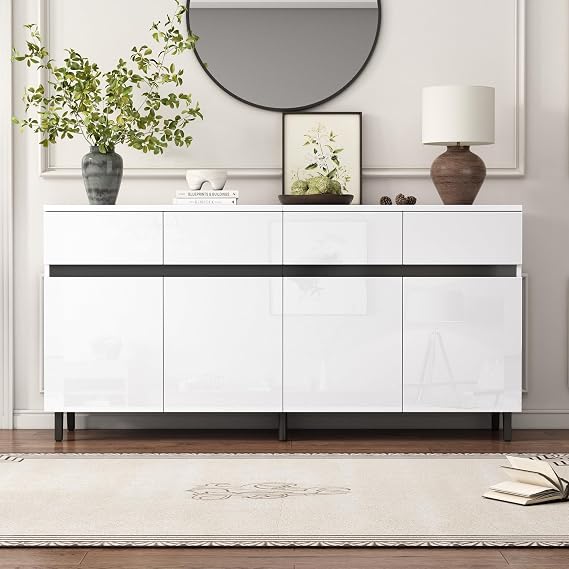 ModernLuxe Sideboards for Living Room, Storage Cabinet Buffet with 4 Drawers and 4 Doors, Chest of Drawers with Adjustable Shelves, Spacious Countertop, Handleless Grooved Door, White, 160x40x68cm