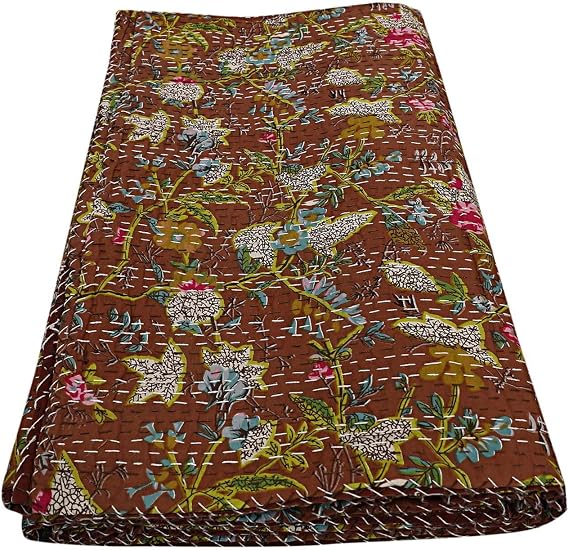 Queen/Twin/King Brown Handmade Kantha Bird of Paradise Print Quilting Kantha Quilt Kantha Blanket Bed Cover Kantha Bedspread Bohemian Bedding Kantha Blanket Throw (60X90 inches)