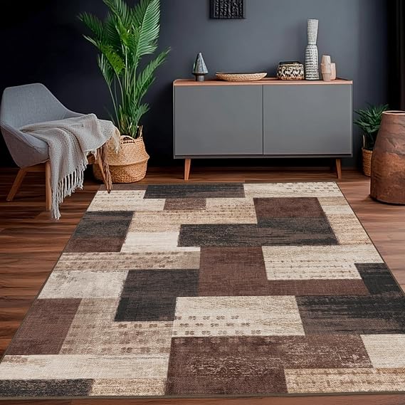 Modern Geometric Patchwork Indoor Living Room Rug, Chocolate 80 x 150 cm Large Rugs, Rockwood Collection Floors Decor for Bedroom, Brown Soft Short Pile Washable Rug Area