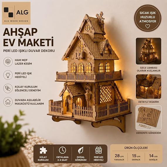 AlgWoodDesign Ahşap Ev Maketi Duvar Dekoru 90 Parça – Peri LED Işıklı DIY Duvara Asılabilir Ev Modeli