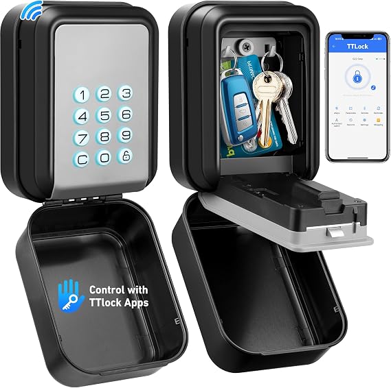 HUANLANG Smart Key Lock Box - Bluetooth Electronic Lock Box for Keys Wall Mounted Digital Key Storage with App Control & PIN Code Type IP65 Waterproof Lock Box for Home Airbnb Realtor Office