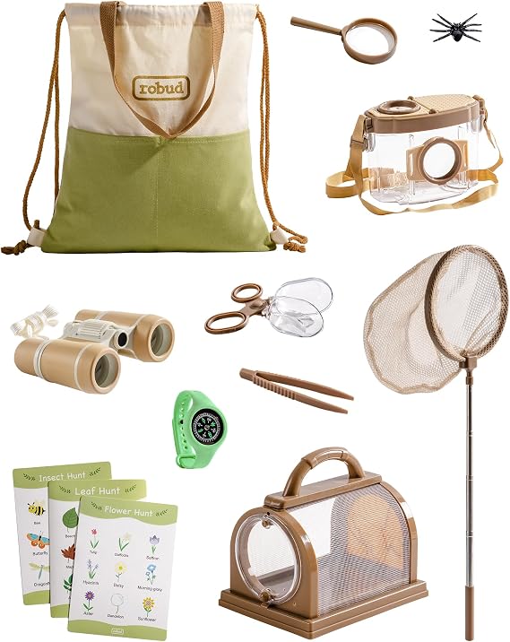 ROBUD Kids Outdoor Explorer Kit, Bug Catching Adventure Set with Butterfly Net, Magnifying Glass, Kids Binoculars, Bug Container, Carry Bag,