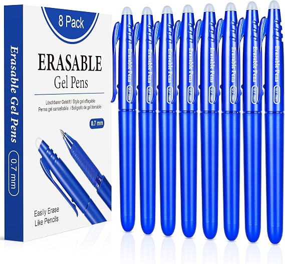 Erasable Gel Pens 0.7mm, KERIFI Blue Heat Erasable Fine Point Ballpoint Pens, Make Mistakes Disappear, Gel Ink Pens with Eraser for Drawing Writing Planner Journaling Crossword Puzzles School Supplies