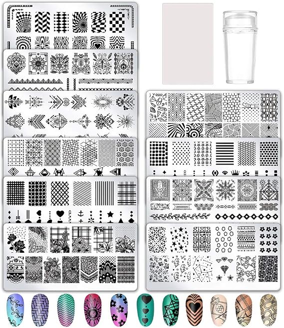 birdsunshine 10 Pcs Nail Stamping Plates, Flowers, Lace, Geometric Patterns Nail Art Stamping Templates Manicure Tool Kit, with 1 Stamper and 1 Scraper