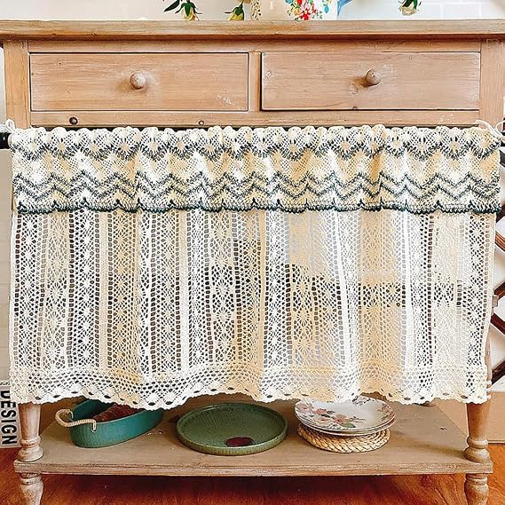 Poly-Cotton Blend Window Curtain Panels Short with Crochet Lace Trim, Farmhouse Rustic Tier Valance, Light Filtering Rod Pocket for Living Room, Bedroom,W37in(95cm)/H18in(45cm)